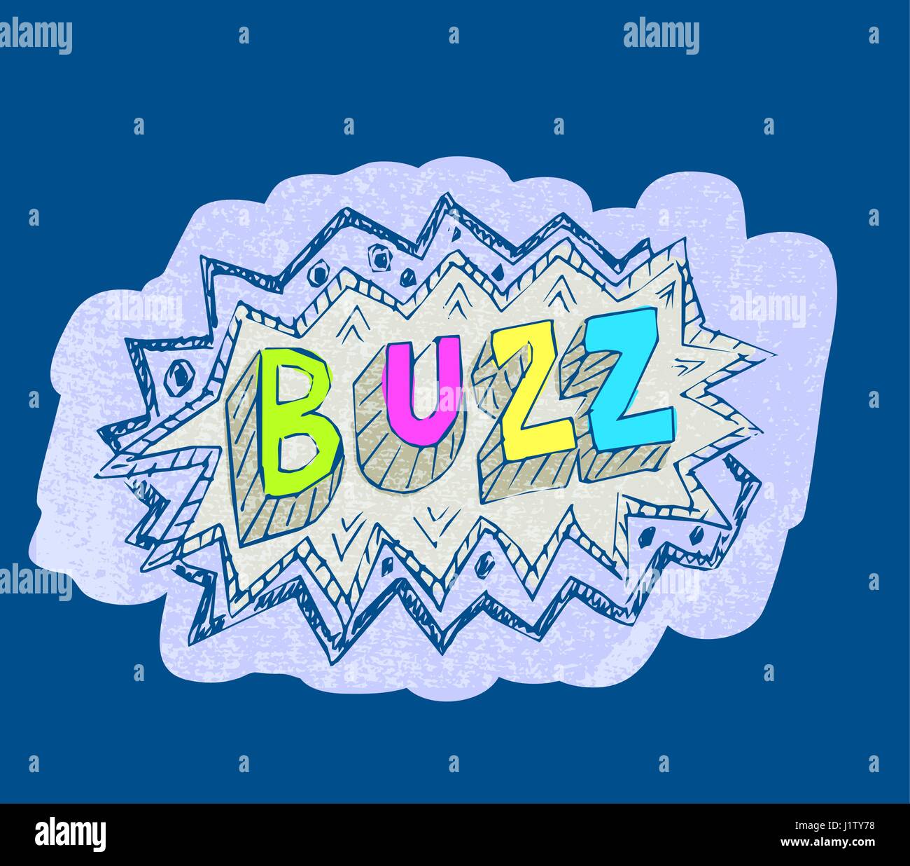 BUZZ Word Pop-Art Stil Vektor-Illustration. Humor-Splash-Aufkleber. Doodle Label Freihand Grunge Zeichnung. Stock Vektor