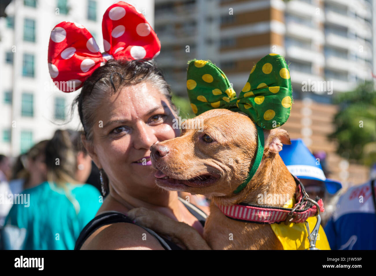 RIO DE JANEIRO - 19. Februar 2017: Ein Hund und Besitzer Kleid in passenden Bögen während der jährlichen "Blocão"-Straßenfest für Haustiere während des Karnevals. Stockfoto