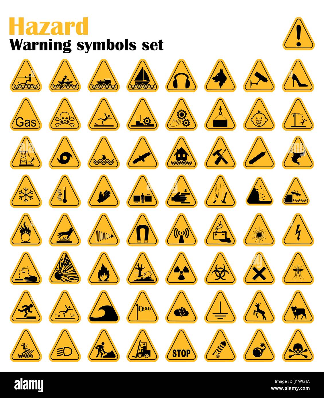 Achtung Gefahr Dreieck Zeichen gesetzt. Vektor-Illustration. Gelbe Symbole isoliert auf weiss Stock Vektor