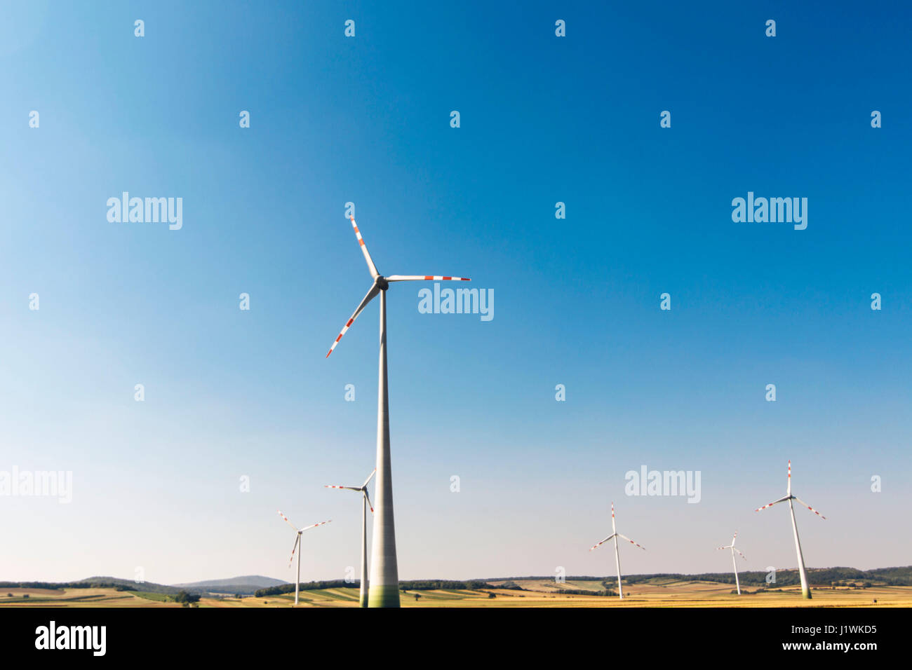 Windräder erzeugen sauberen Strom. Ökologie, Verhinderung der globalen Erwärmung Stockfoto