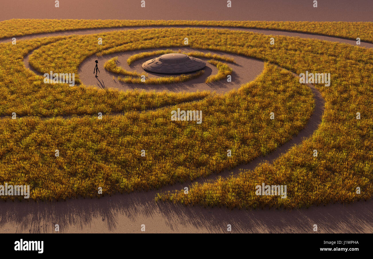 Ein UFO in der Mitte eines Kornkreises. Stockfoto