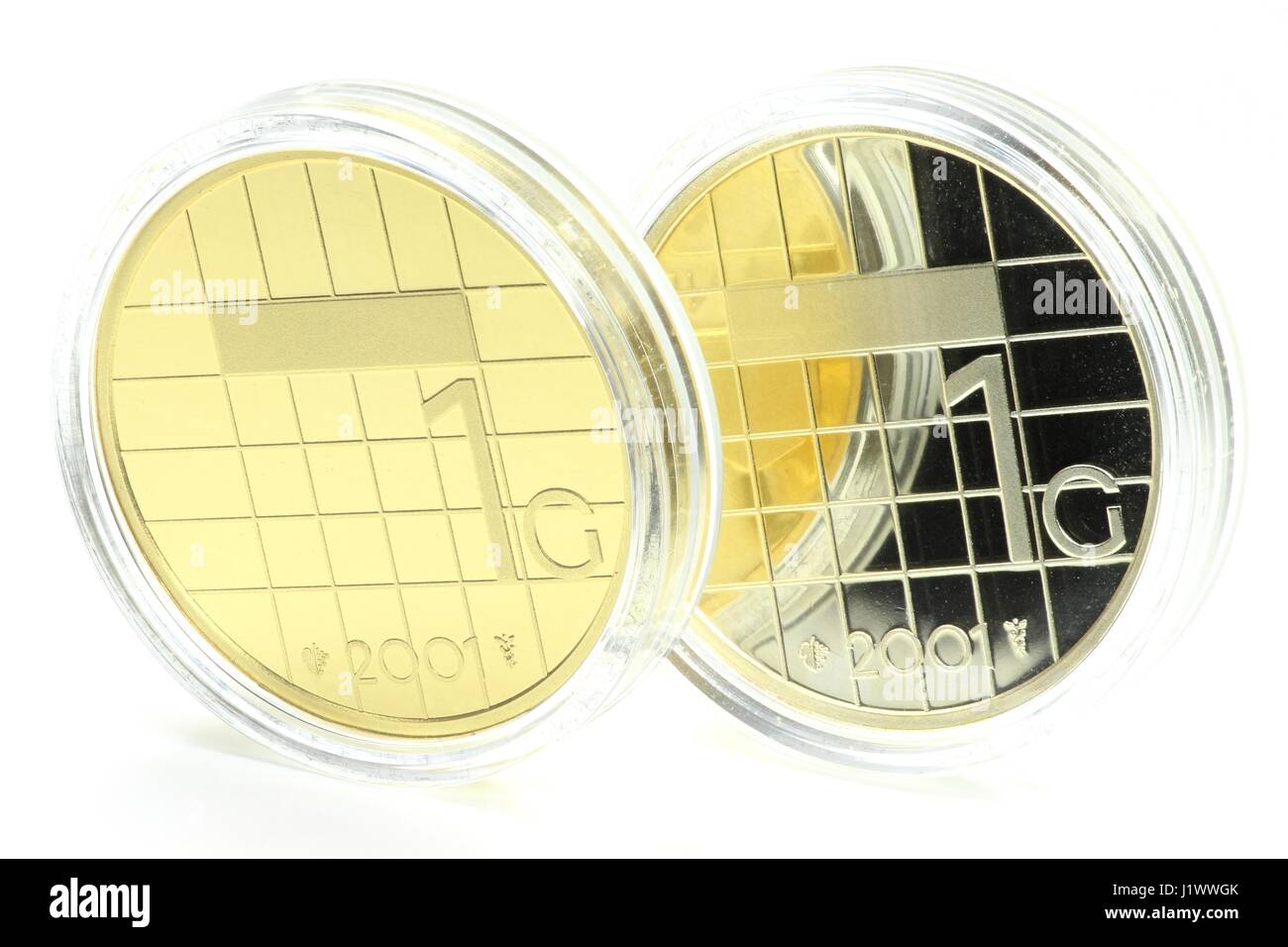 spezielle Gold und Silber gibt der niederländische Gulden 1 Münze isoliert auf weißem Hintergrund Stockfoto