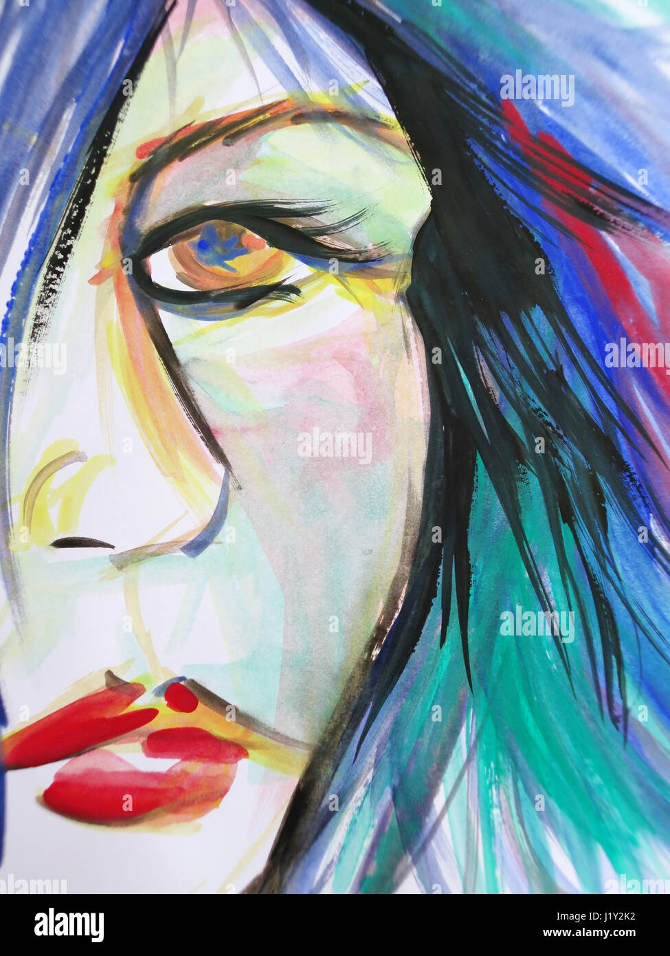 Abstrakte Aquarell Closeup schöne Frau Gesicht Stockfoto