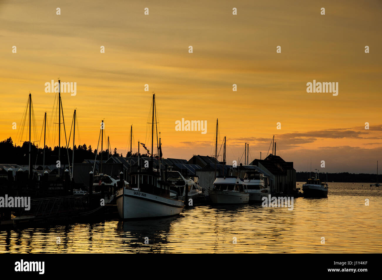 Marina bei Sonnenuntergang, Olympia, Washington, USA Stockfoto