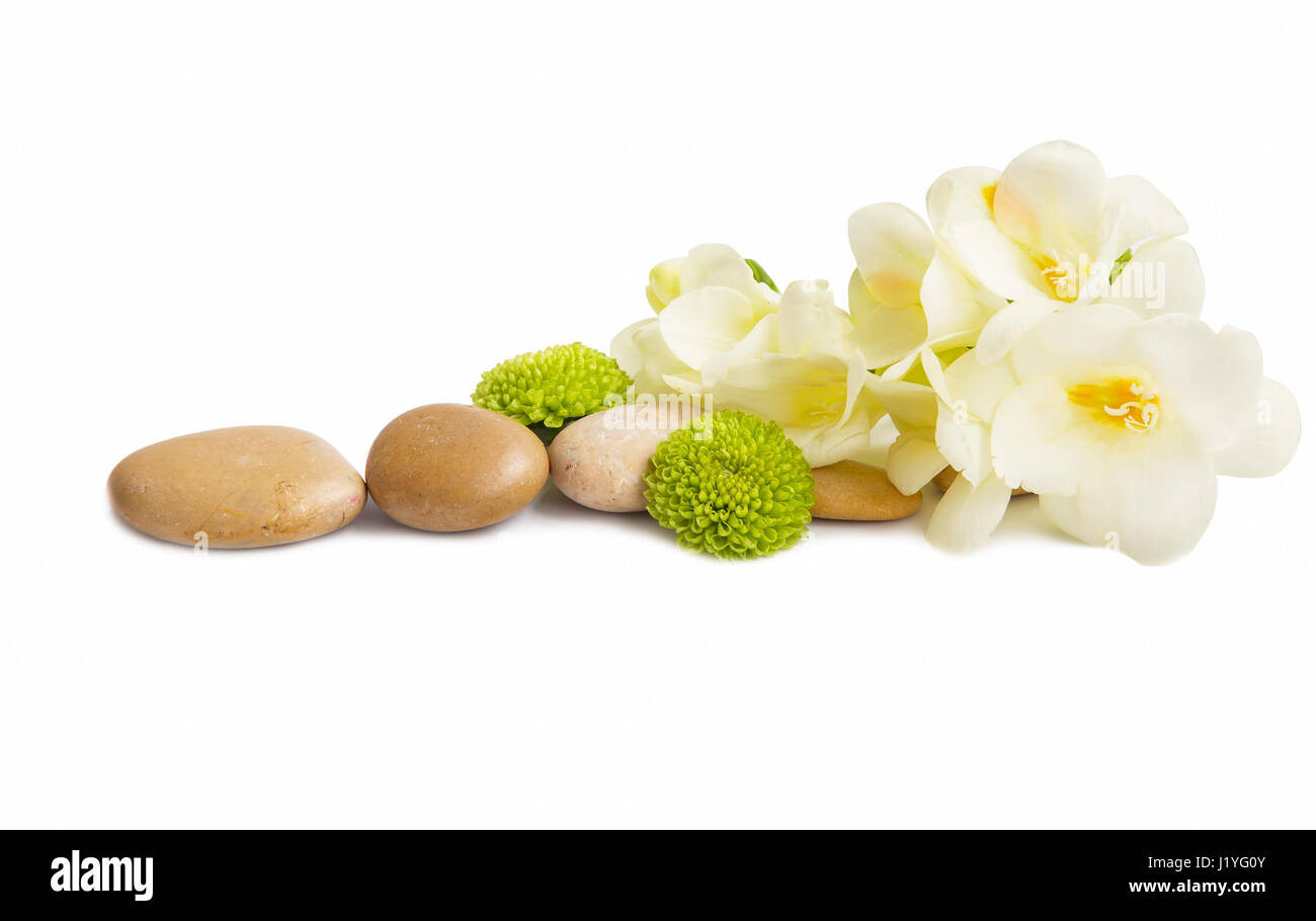 Wellness Blumen und Massage Steinen isoliert Stockfoto