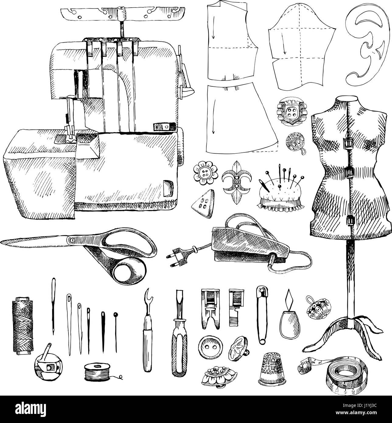 Handgezeichnete Skizze Nähen Set Stock Vektor