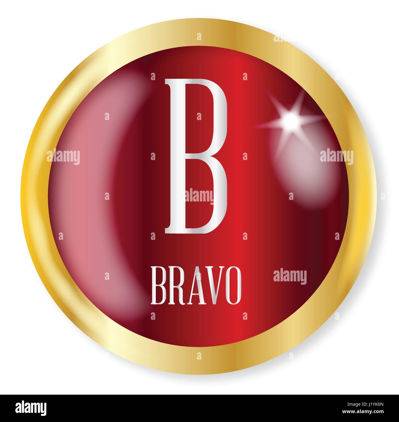 B für Bravobutton von der NATO Lautalphabet mit gold Metall kreisförmigen Rand auf weißem Hintergrund Stock Vektor