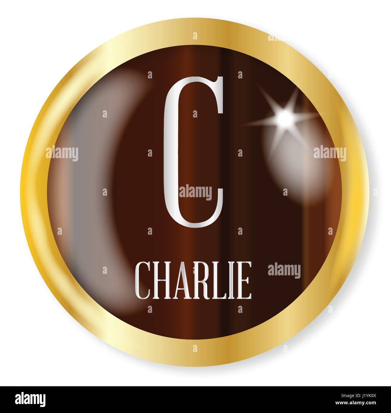 C für Charlie Schaltfläche aus der NATO Lautalphabet mit gold Metall kreisförmigen Rand auf weißem Hintergrund Stock Vektor