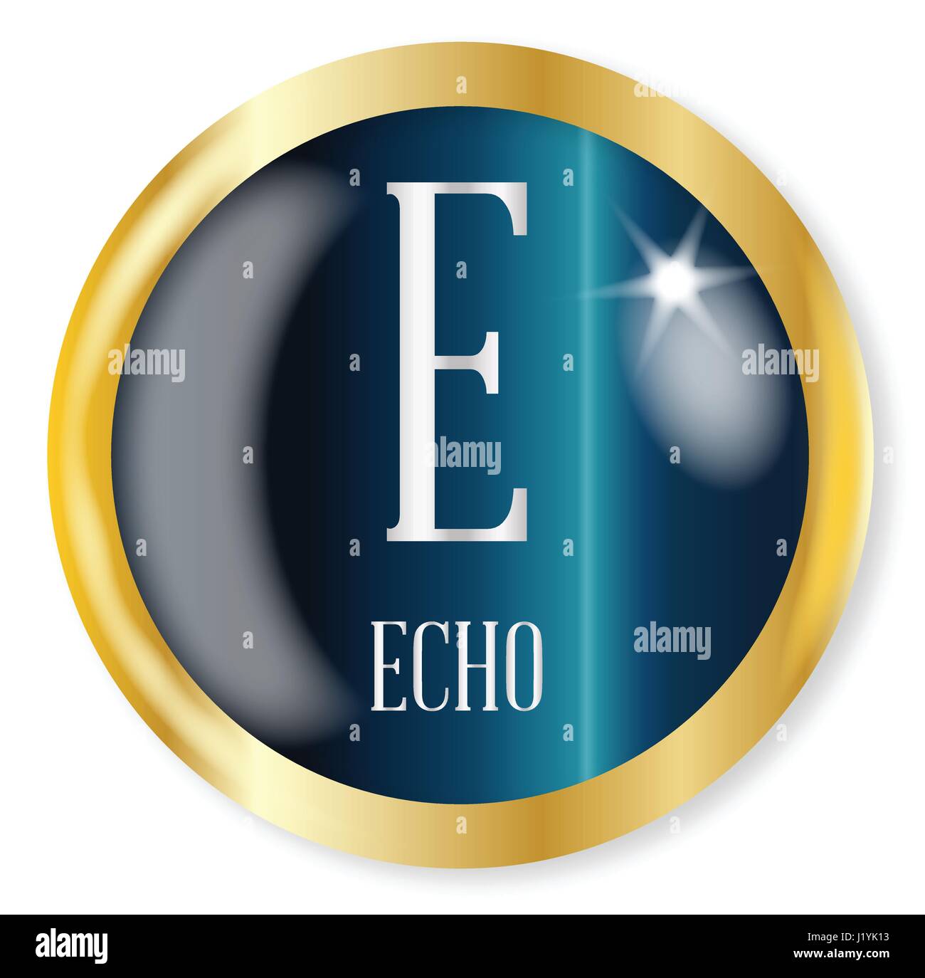E für Echo-Taste aus der NATO Lautalphabet mit gold Metall kreisförmigen Rand auf weißem Hintergrund Stock Vektor