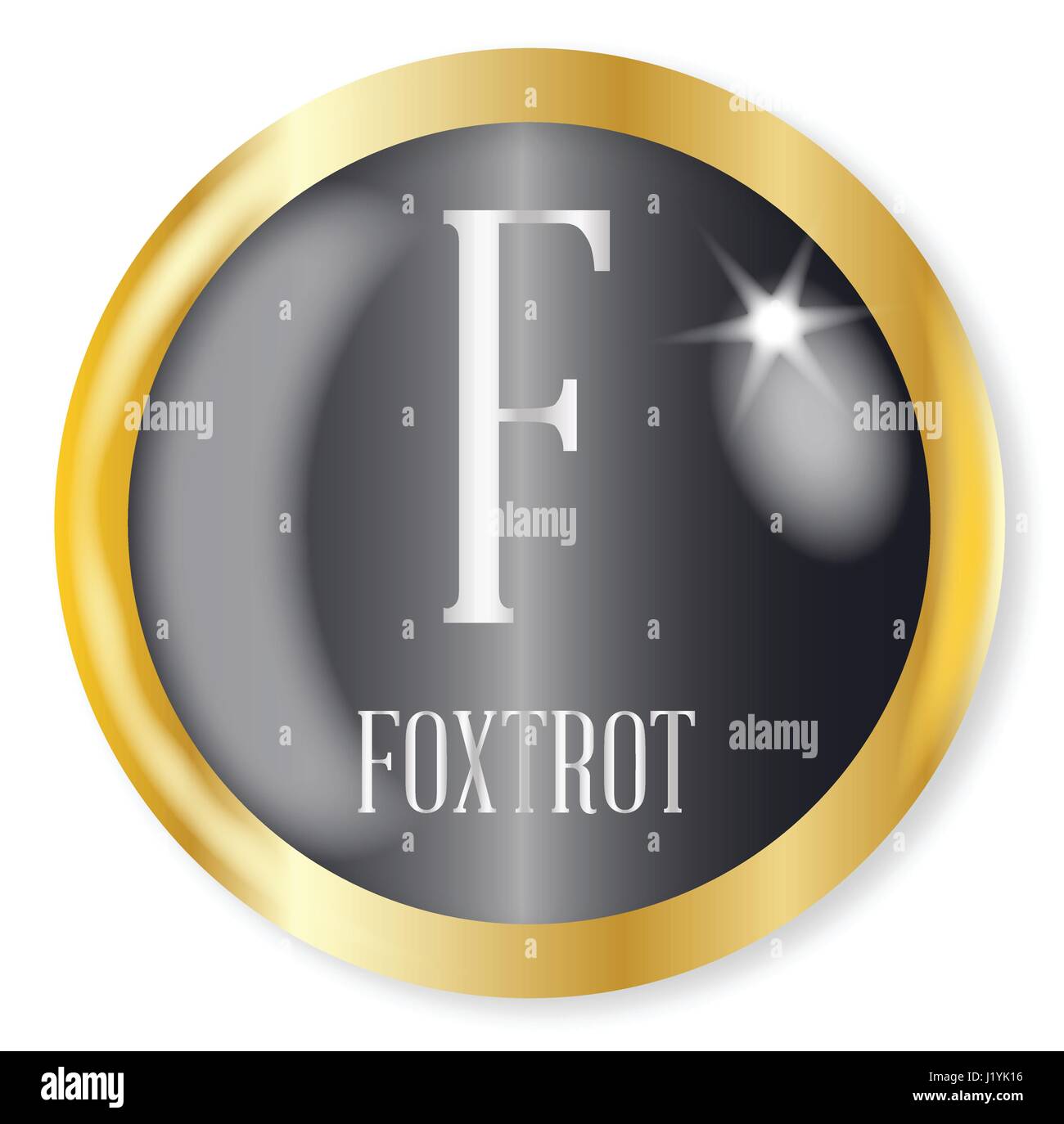 F Foxtrott-Taste aus der NATO Lautalphabet mit gold Metall kreisförmigen Rand auf weißem Hintergrund Stock Vektor
