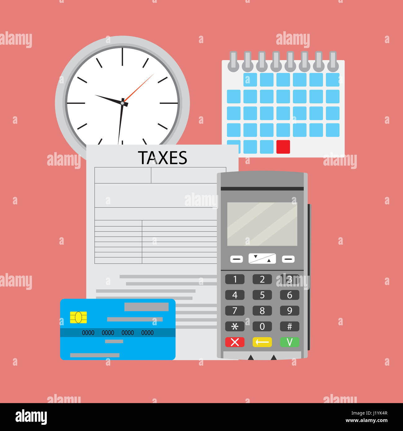 Mal Steuern zahlen. Zahlung der Steuer mit Maschinen-Terminal. Vektor-illustration Stockfoto