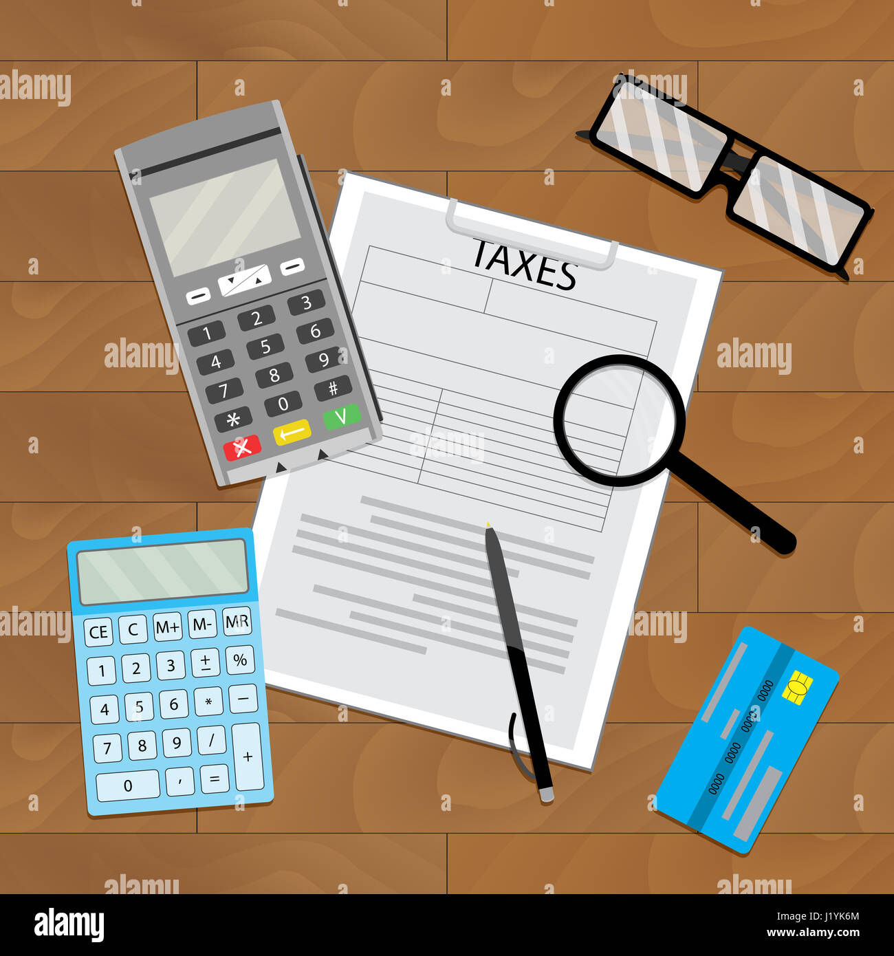 Buchhaltung, Steuern zahlen, zahlen Sie steuern, Geld überweisen und Steuerbeleg, Vektor-illustration Stockfoto