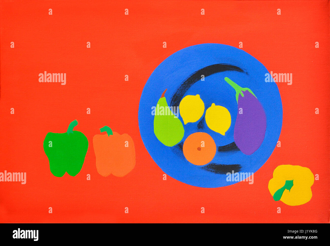 Abbildung Stillleben mit Obst und Gemüse auf rotem Grund Stockfoto