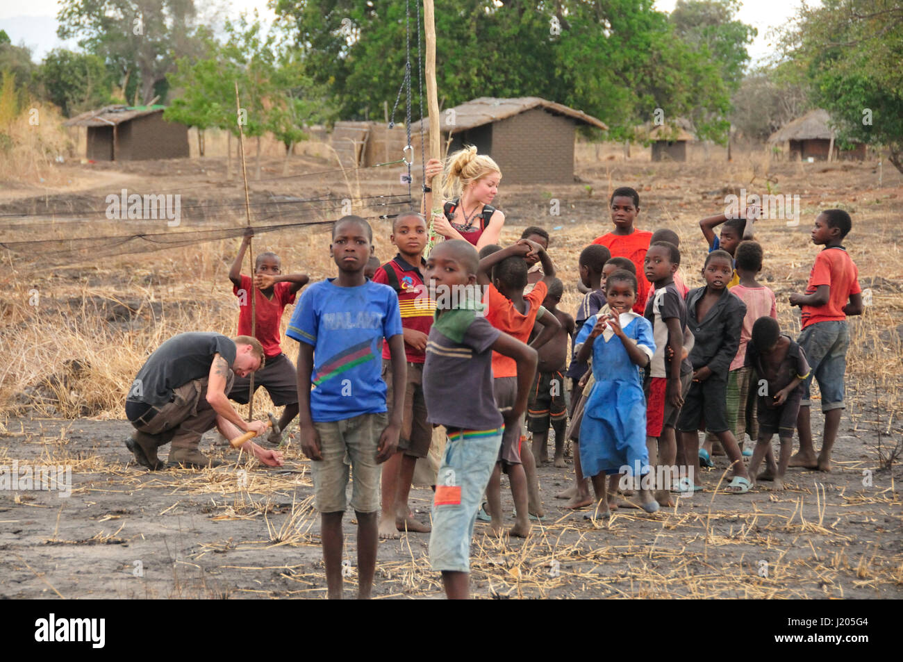 Einrichten von Ausrüstung für die Fledermaus-Umfrage in Afrika Stockfoto