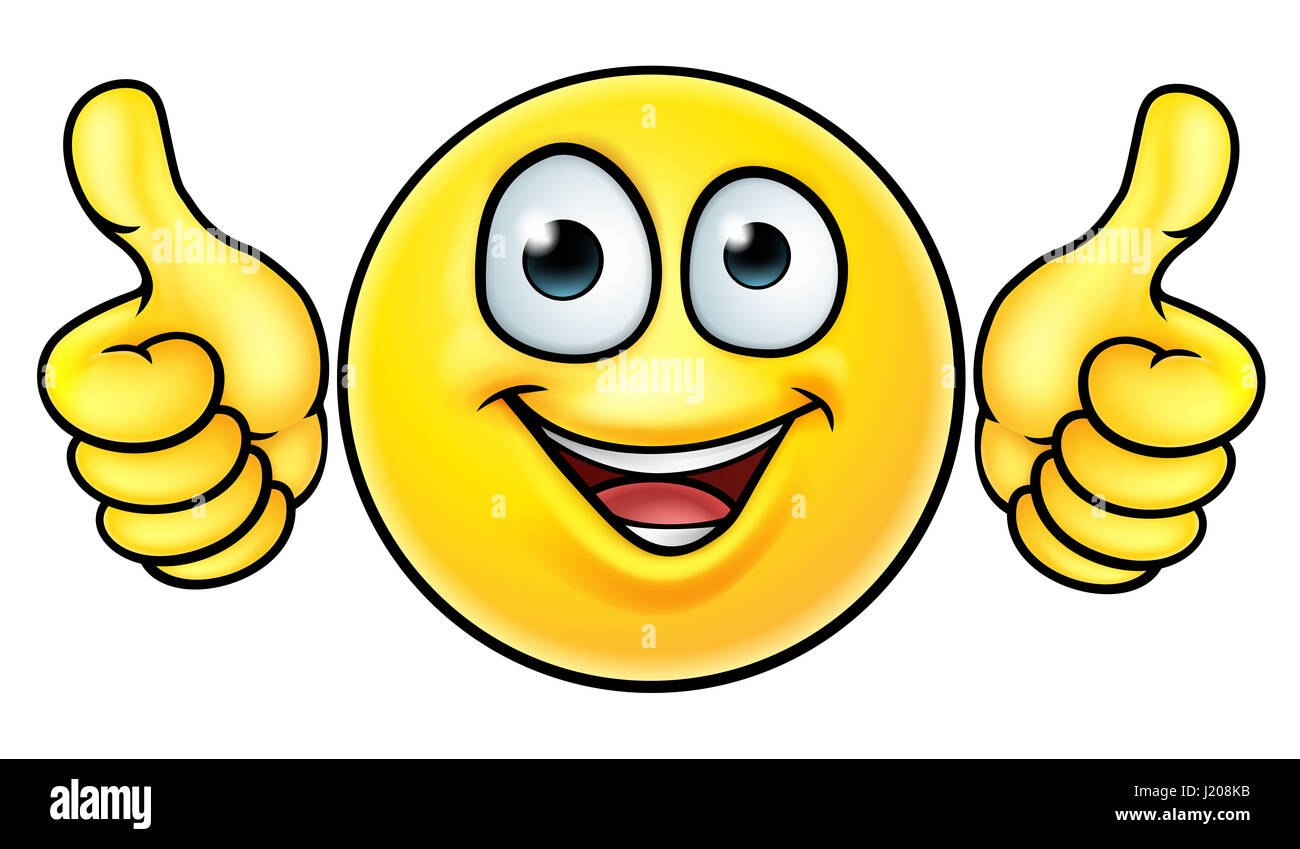 Ein Cartoon Emoji Symbol Emoticon suchen sehr zufrieden mit seinen zwei Daumen nach oben Stockfoto