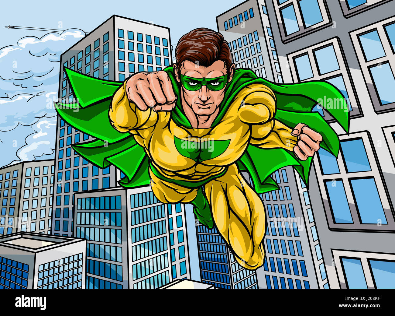 Pop Art Comic Buch Superhelden Szene mit einem City-Hochhaus-Hintergrund Stockfoto