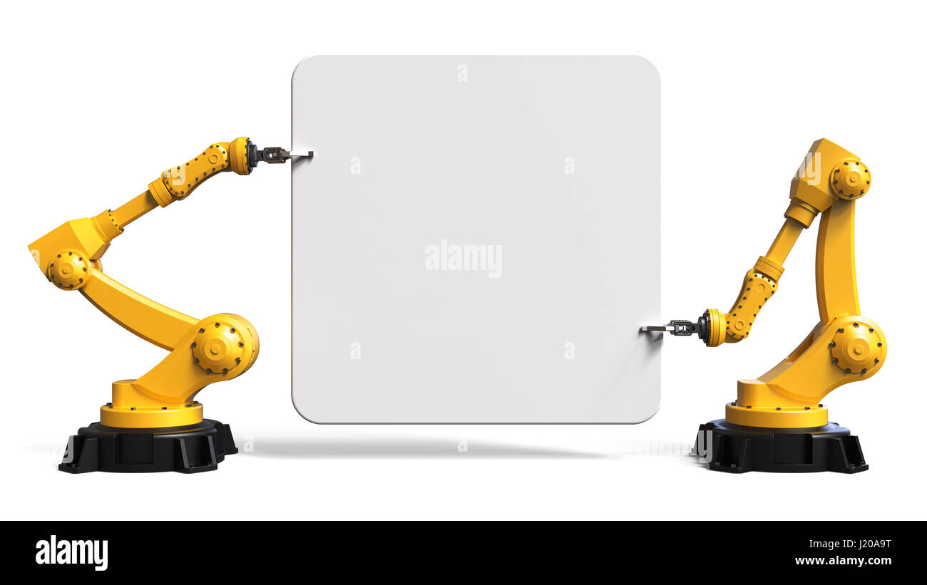 Industrieroboter mit einem Brett isoliert auf weißem Hintergrund 3D-Rendering Stockfoto