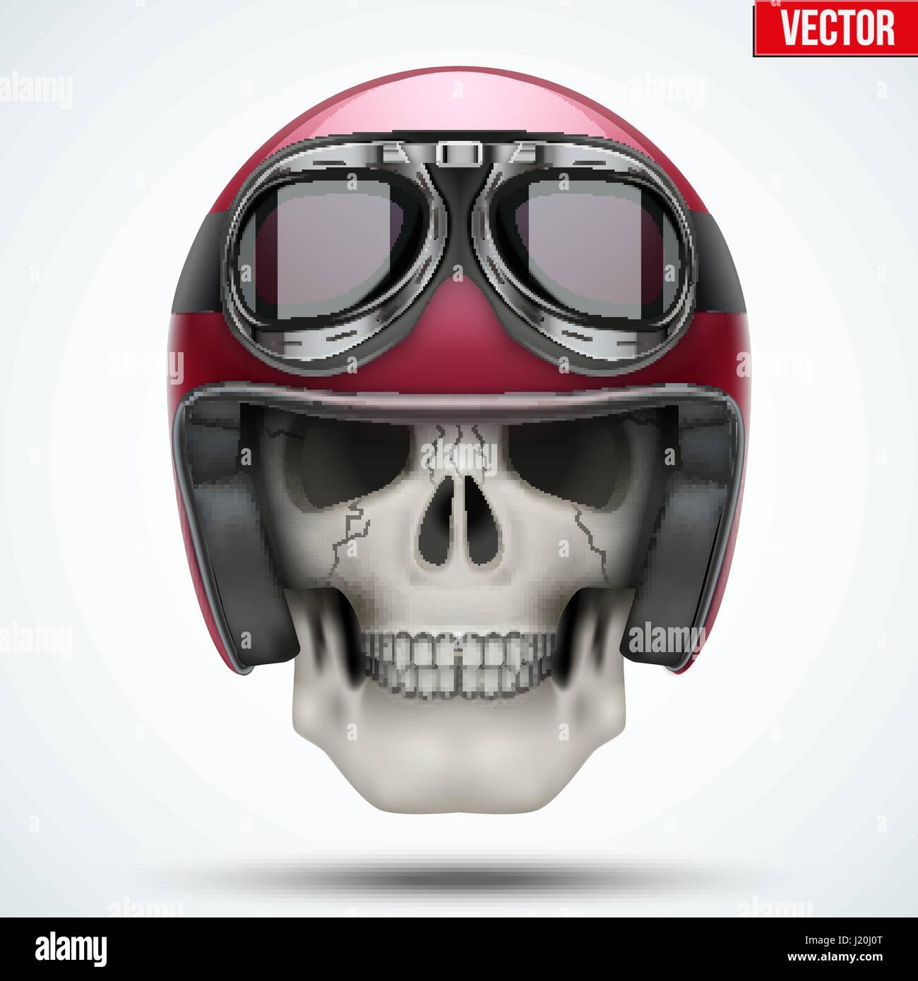 Menschlicher Schädel mit Vintage Motorrad oder Chopper Helm und Brille. Vektor-Illustration auf weißen Hintergrund isoliert Stock Vektor