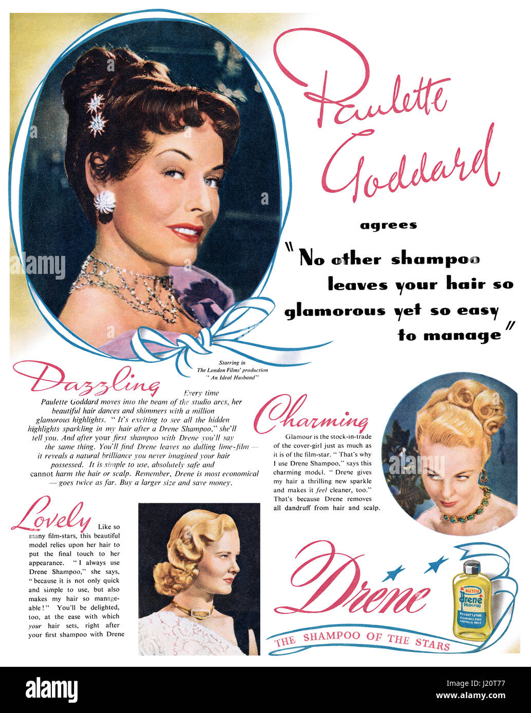 1947 britischer Werbung für Drene Shampoo, mit Schauspielerin Paulette Goddard. Stockfoto