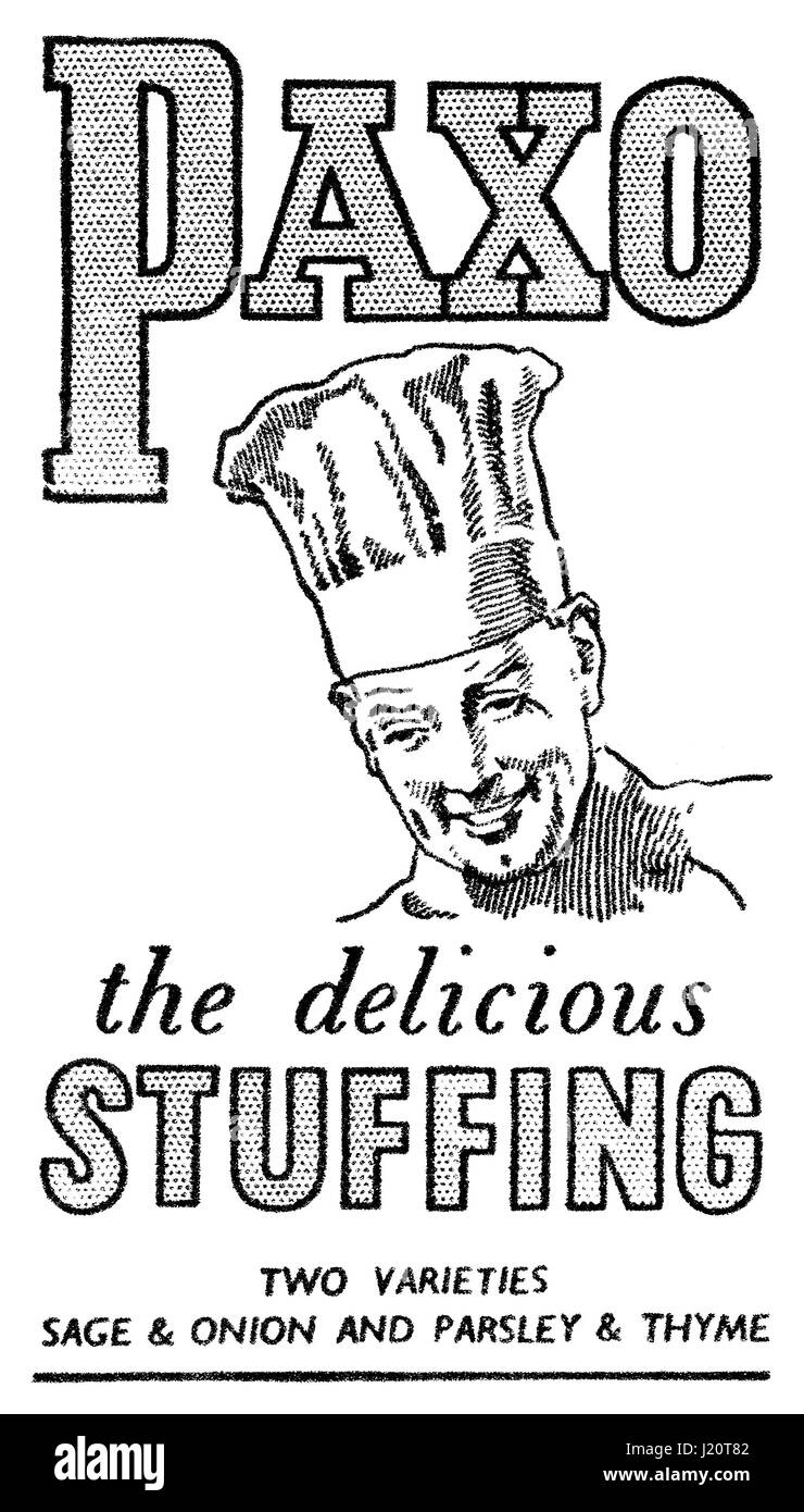 1947 britischer Sechzehntel-Seite Werbung für Paxo Füllung. Stockfoto
