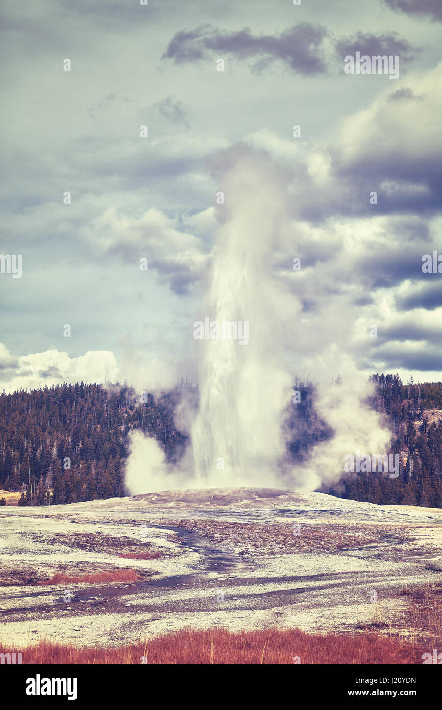 Vintage getönten Bild von Old Faithful Geysir Ausbruch, Yellowstone-Nationalpark, Wyoming, USA. Stockfoto