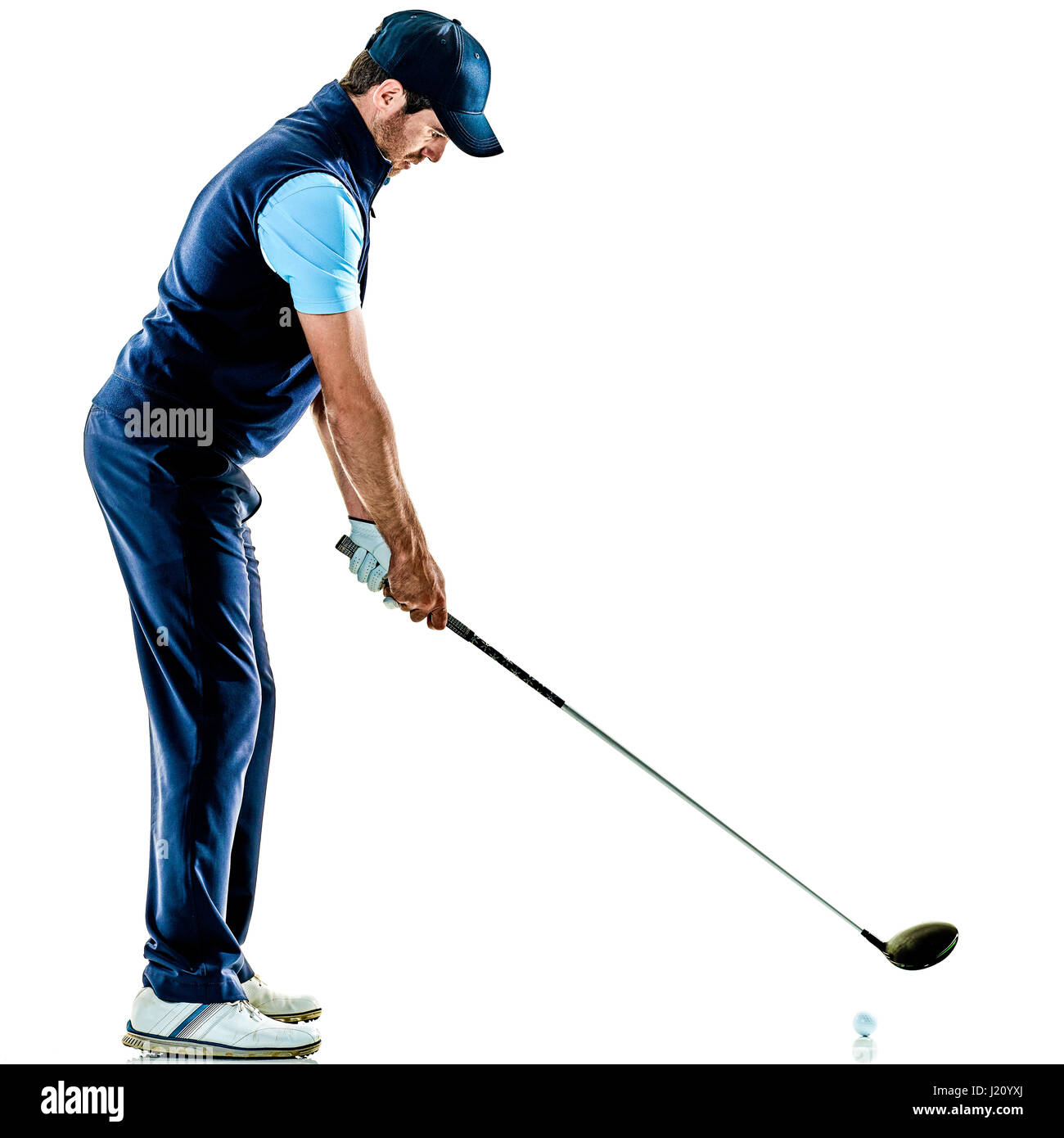 ein kaukasischer Mann Golfer Golfen im Studio isoliert auf weißem Hintergrund Stockfoto
