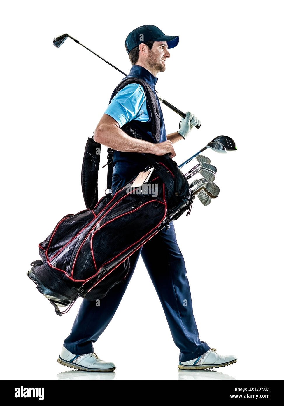 ein kaukasischer Mann Golfer Golfen im Studio isoliert auf weißem Hintergrund Stockfoto