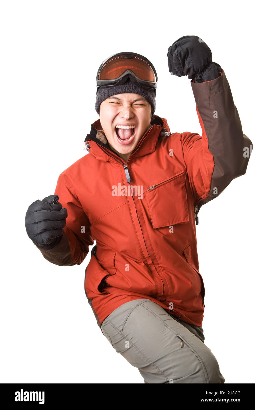 Eine isolierte Aufnahme des asiatischen Snowboarder glücklich Stockfoto