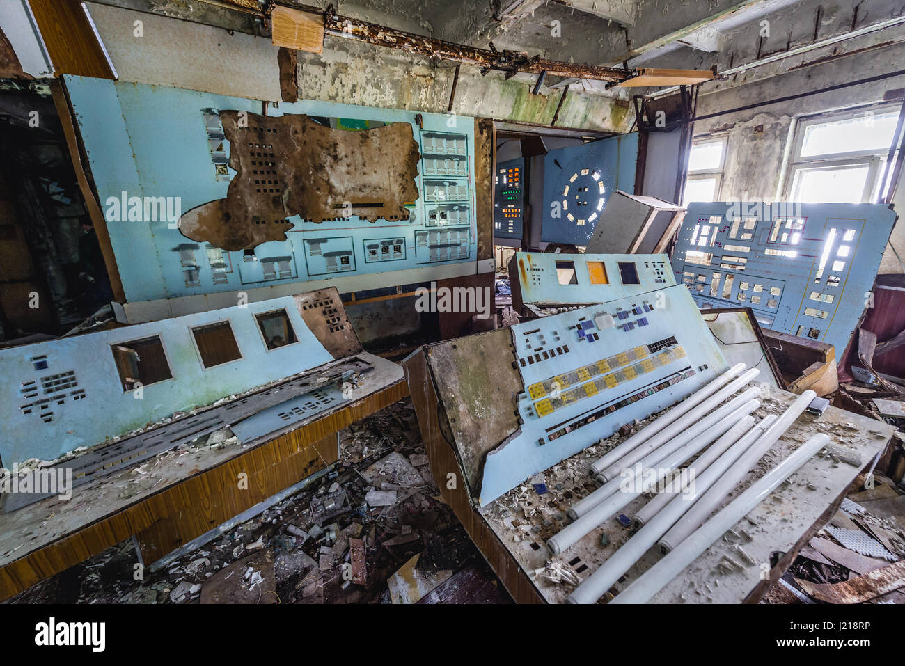 Kontrollraum im Zentrum Gebäude des sowjetischen Duga Radar Kommandosystem in Chernobyl-2 Militärbasis, Tschernobyl Zone der Entfremdung in der Ukraine Stockfoto