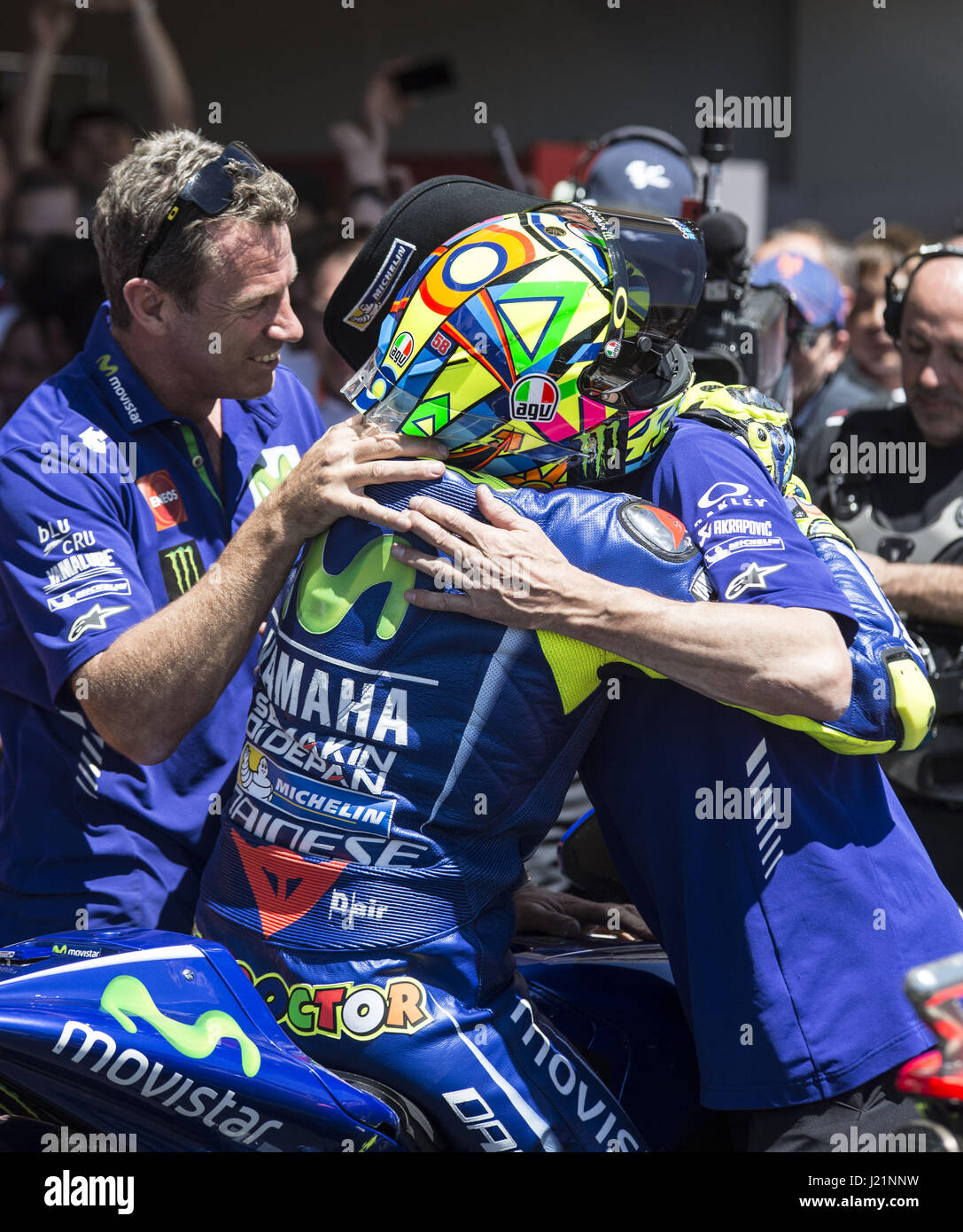 Austin, Texas, USA. 23. April 2017. Movistar Yamaha Moto GP Team Rider # 46 '' VALENTINO ROSSI'' den Sieg mit seinem Team zu teilen. Bildnachweis: Hoss Mcbain/ZUMA Draht/Alamy Live-Nachrichten Stockfoto