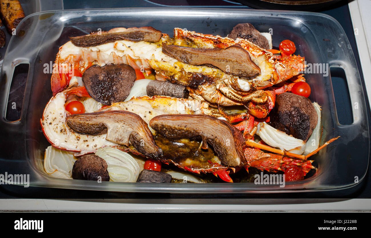 Steinpilze (Boletus Edulis: aka King Bolete) auf wilde Krebse (stachelige Hummer - Jasus Edwardsii). Stockfoto