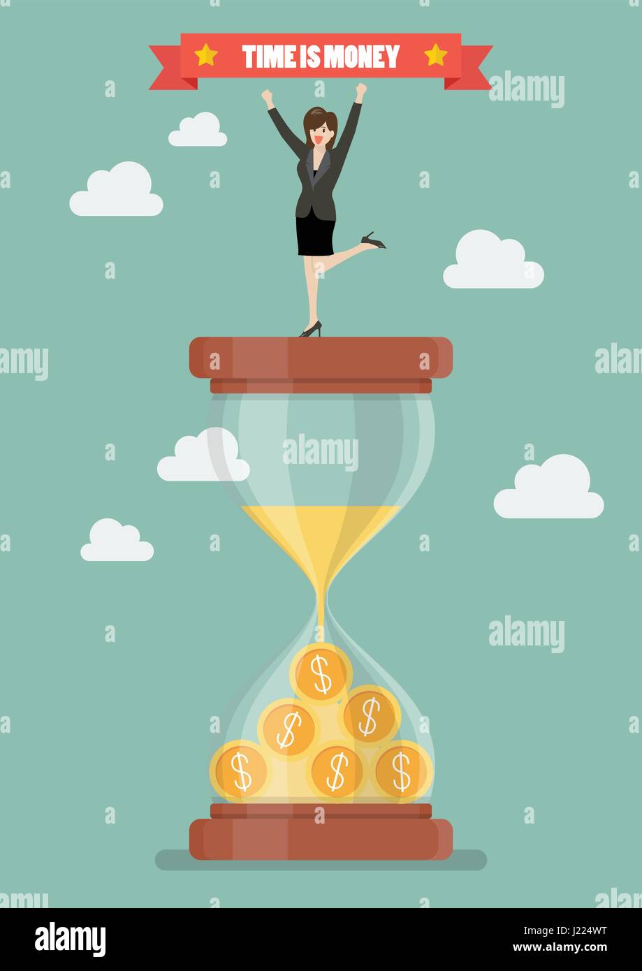 Business-Frau auf einer Sanduhr zu feiern. Zeit ist Geld Stock Vektor