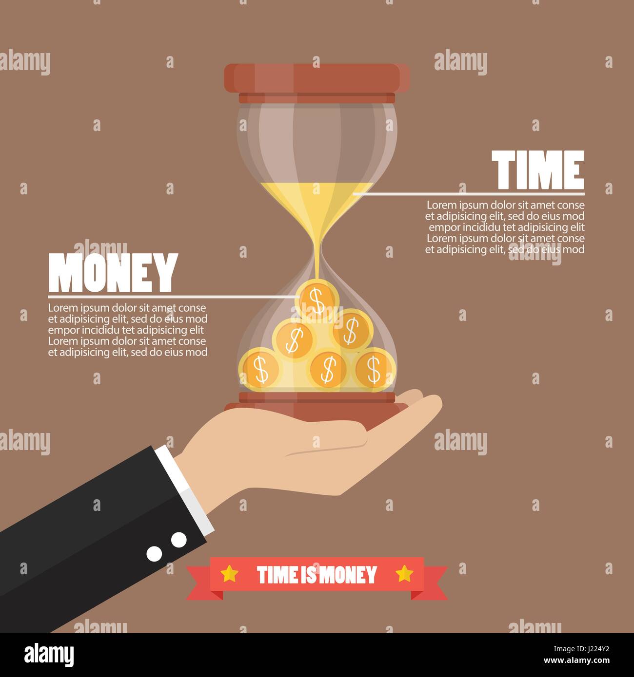 Zeit ist Geld-Infografik. Geld in Sanduhren Stock Vektor