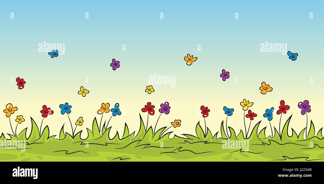 Nahtlose Cartoon Natur Hintergrund mit Blumen Stock Vektor