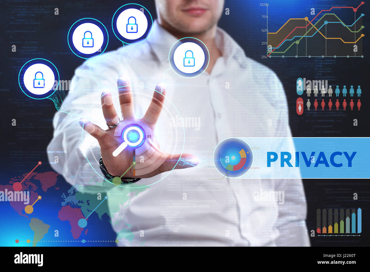 Konzept der Unternehmenssicherheit, Sicherheit von Informationen aus Virus, Kriminalität und Angriff. Internet sicheres System. Schutz-System. Datenschutz Stockfoto