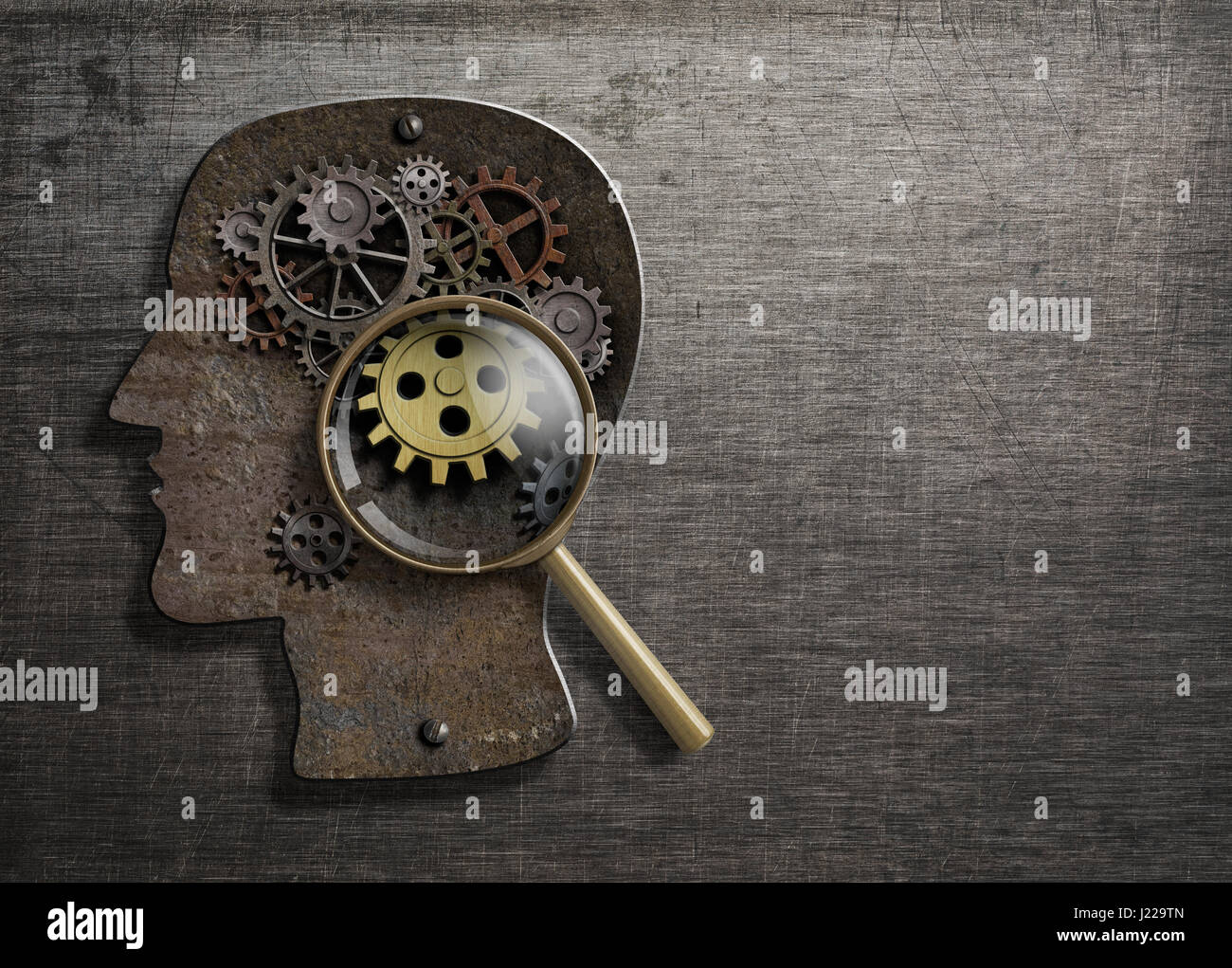 Psychologie oder Konzept zu erfinden. Gehirn-Modell mit Lupe 3d Illustration. Stockfoto