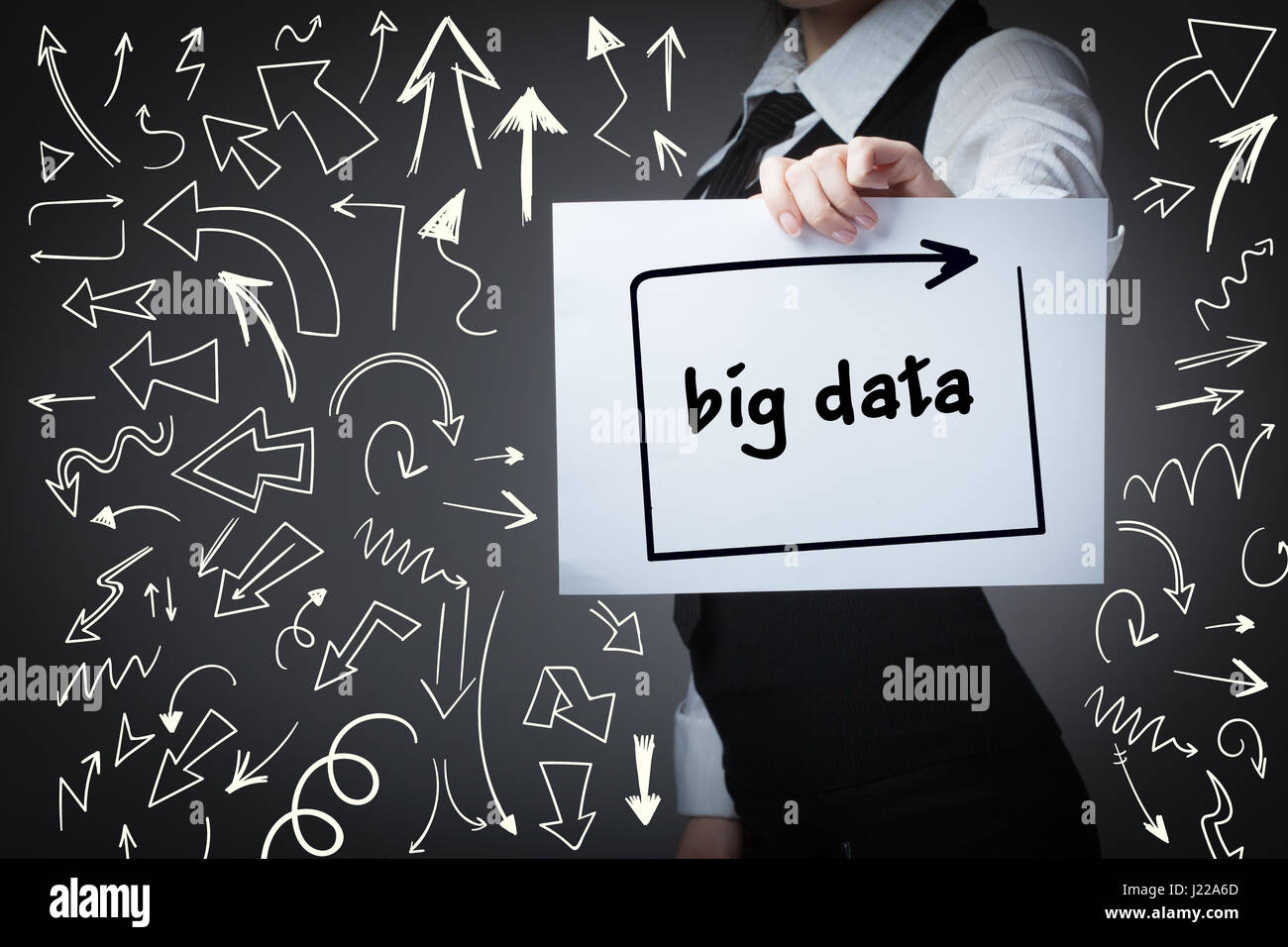 Technik, Internet, Wirtschaft und Marketing. Junge Geschäftsfrau Wort schreiben: big-Data Stockfoto