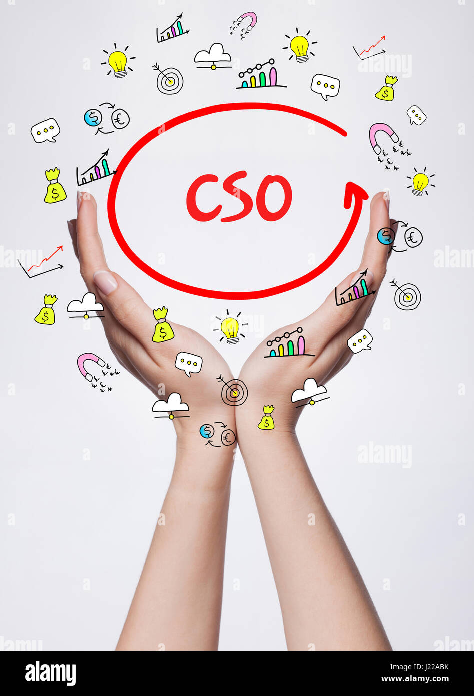 Technik, Internet, Wirtschaft und Marketing. Junge Geschäftsfrau Wort schreiben: CSO Stockfoto