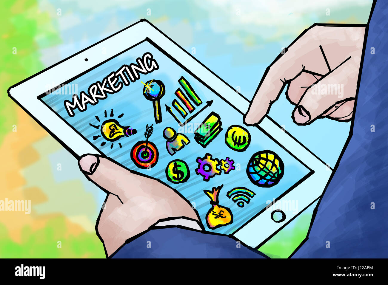 Business, Technologie, Internet und Networking-Konzept. Junger Geschäftsmann auf seinem Tablet arbeiten. Marketing Stockfoto