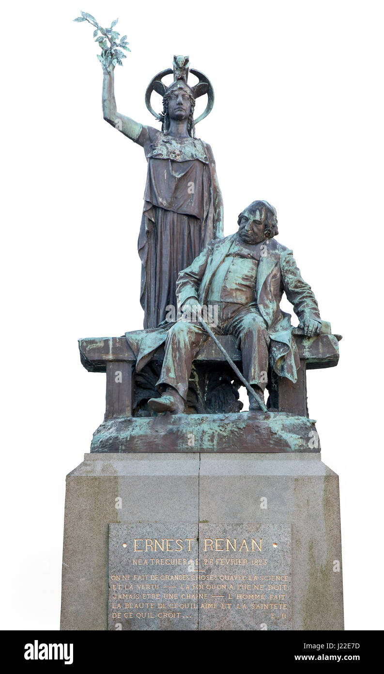 1903 Statue von Ernest Renan und die Griechische Göttin Athene in Tréguier Stadtplatz, Frankreich Stockfoto