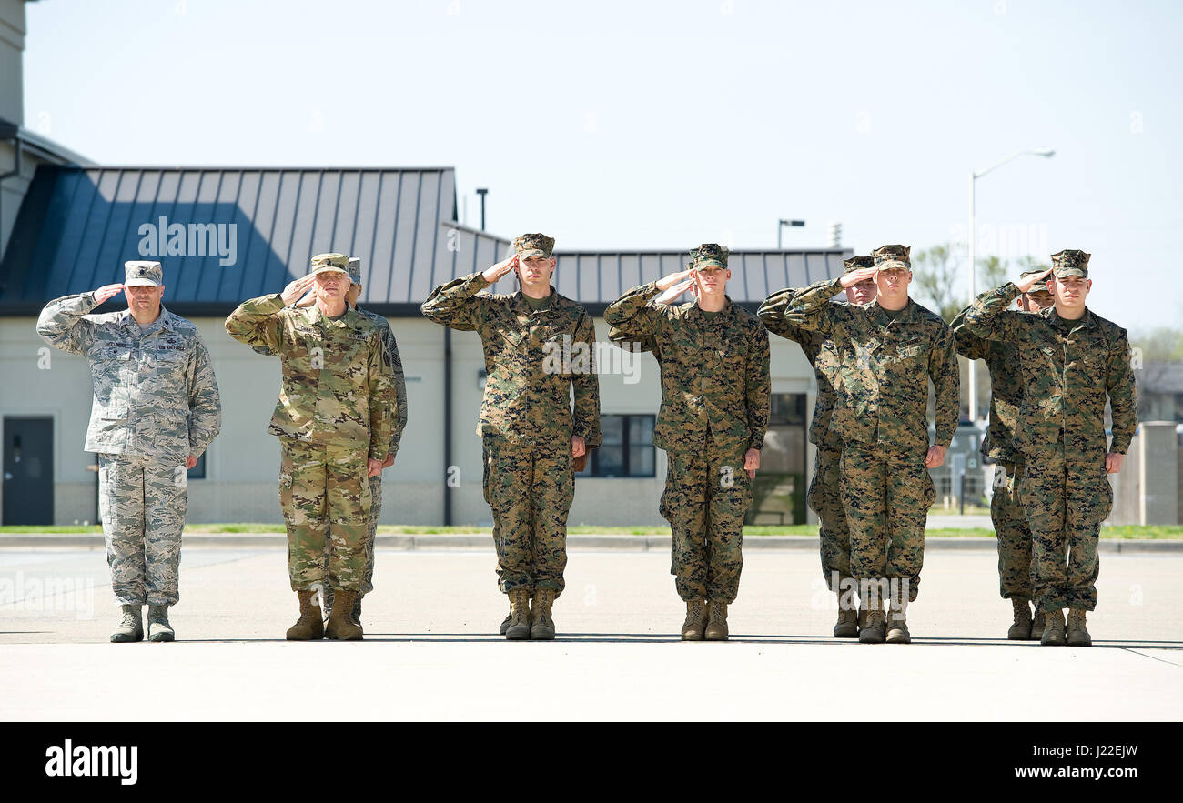 Service-Mitglieder aus Heer, Luftwaffe und Marine begrüssen einen simulierten Verteilergetriebe, wie es aus einer c-17 Globemaster III, eine Leichenhalle Transferfahrzeug während gefaltet Flagge 2017, 11. April 2017, auf der Dover Air Force Base durchgeführt wird, Del. AFMAO statt einer Gemeinschaftsdienst-Übung, die seine Fähigkeit zur Reaktion auf ein mass Casualty Vorfall getestet. (Foto: Roland Balik US Air Force) Stockfoto