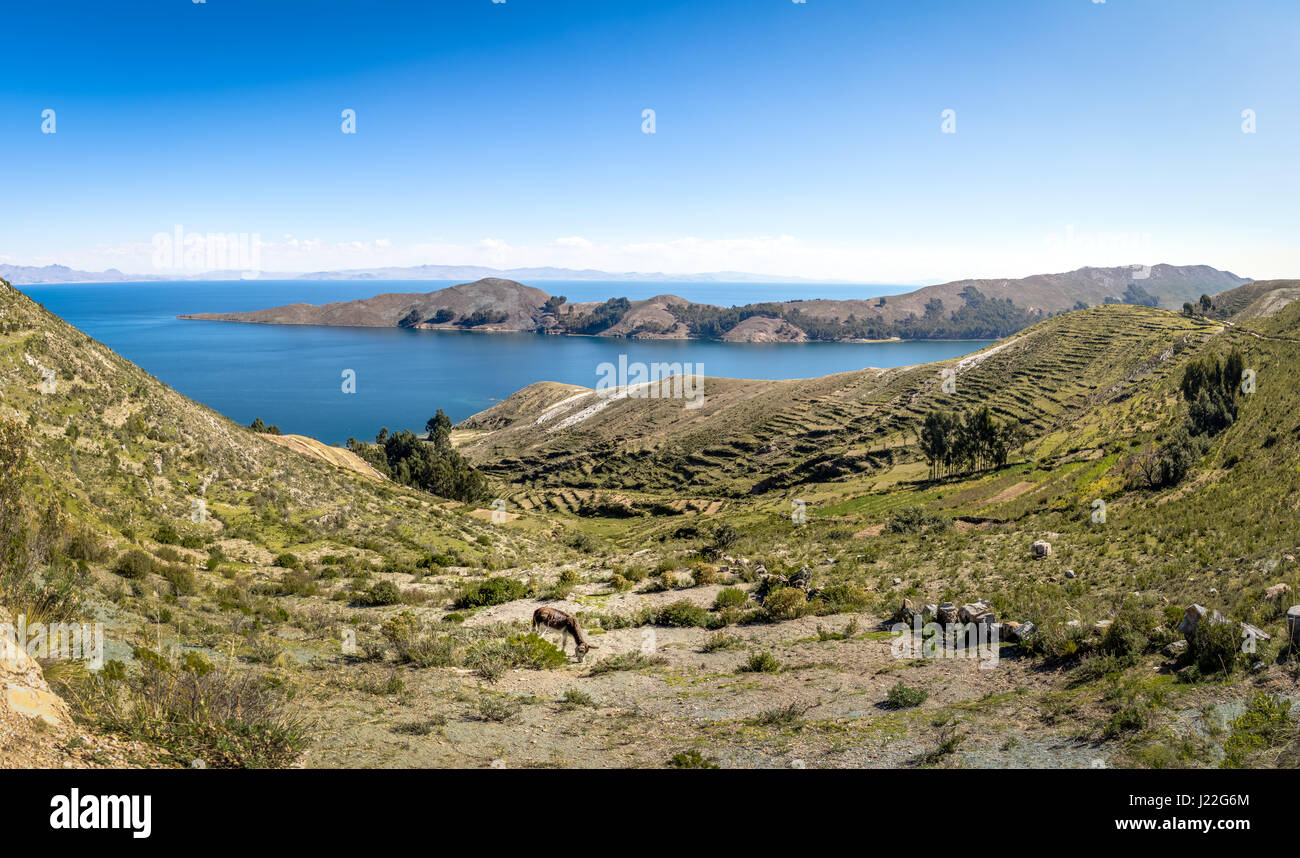 Panoramablick auf der Isla del Sol am Titicaca-See - Bolivien Stockfoto