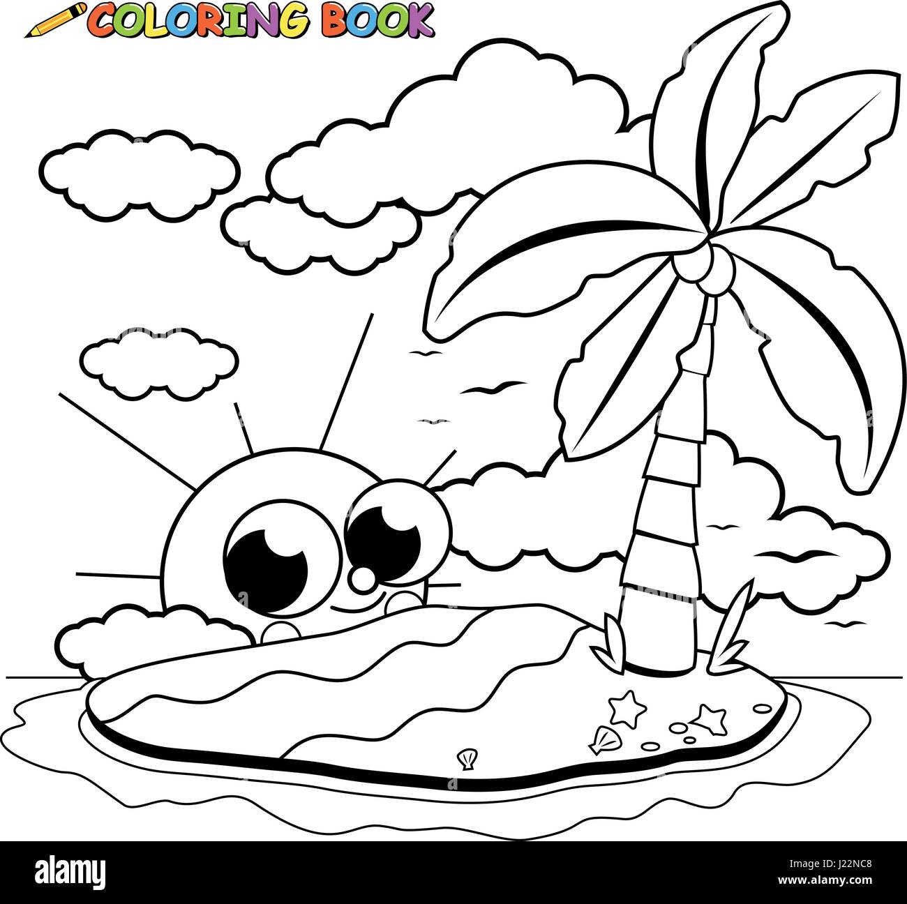 Einsame Insel und niedlichen Cartoon Sonne Buch Malvorlagen Stock Vektor
