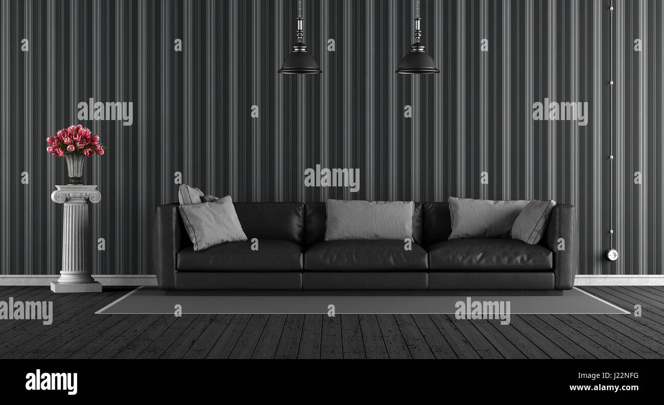Schwarze klassische Wohnzimmer mit Ledercouch und ionischen Sockel mit Rosen - 3d rendering Stockfoto