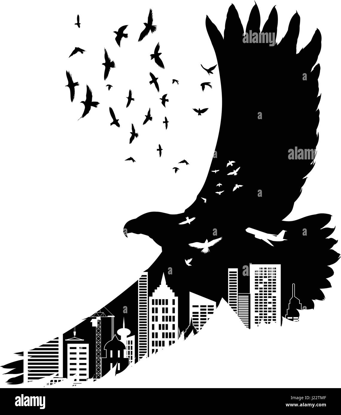 Vector Silhouette fliegenden Adler mit Doppelbelichtungen Wirkung. Stadt als Hintergrund. Stock Vektor