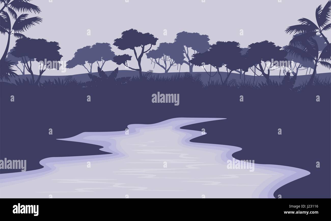 Fluss-Landschaft mit Wald-silhouette Stock Vektor