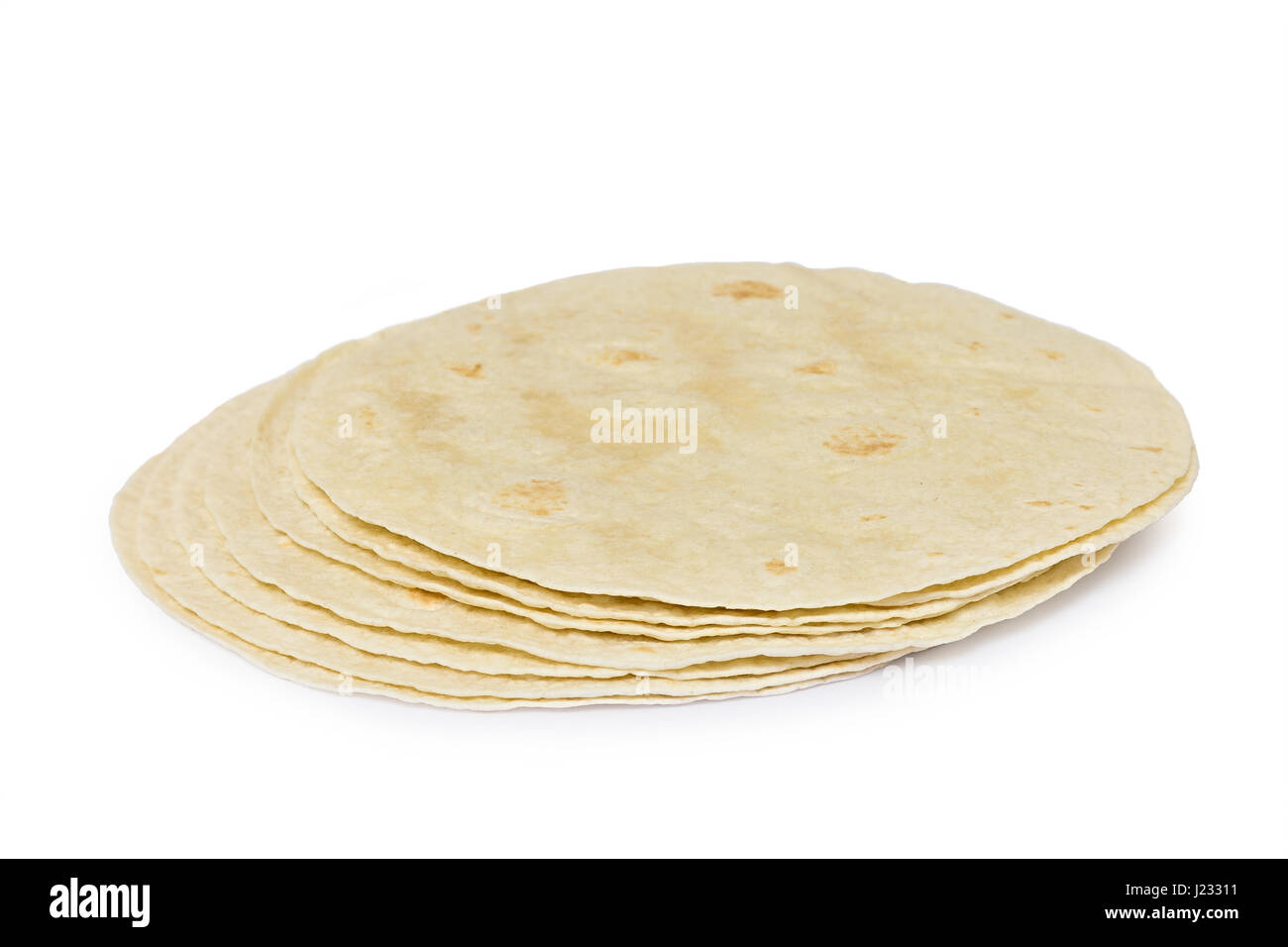 Weizen Tortillas von oben, isoliert auf weißem Hintergrund runden Stockfoto