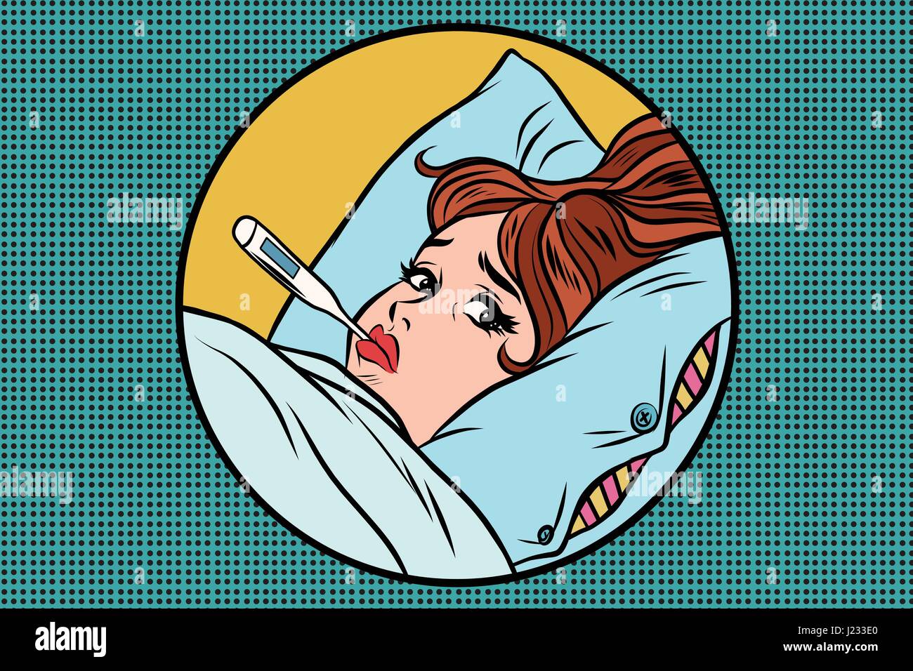 Kranke junge Frau im Bett liegend, mit thermometer Stock Vektor