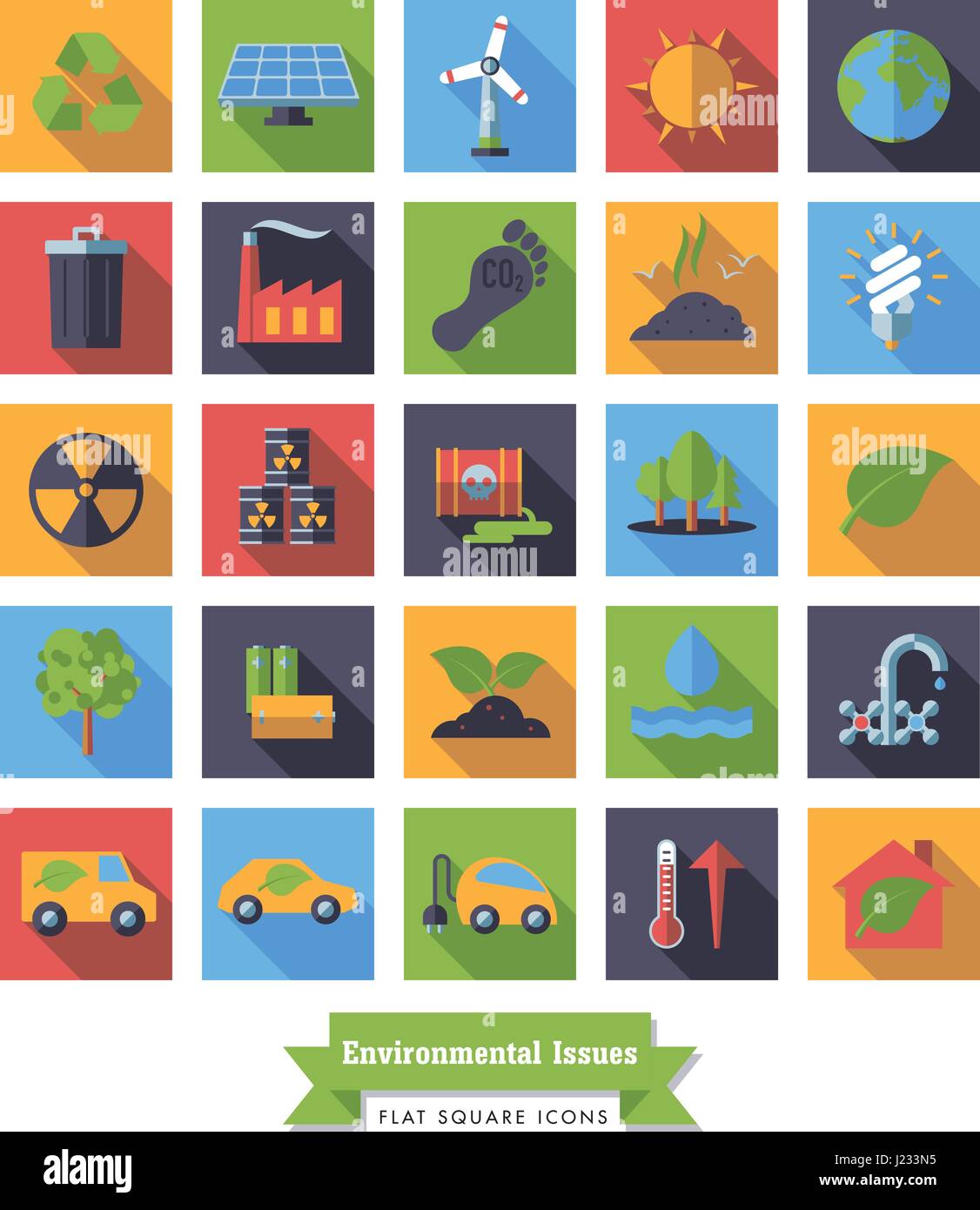 Sammlung von Umwelt- und Klimaschutz im Zusammenhang mit quadratischen flachen design lange Schatten Vektor-Icons Stock Vektor