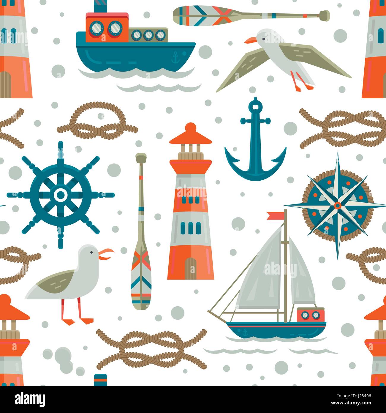 Nautische Thema Musterdesign.  Handliche gruppierte Elemente der einzelnen Bilder Stock Vektor